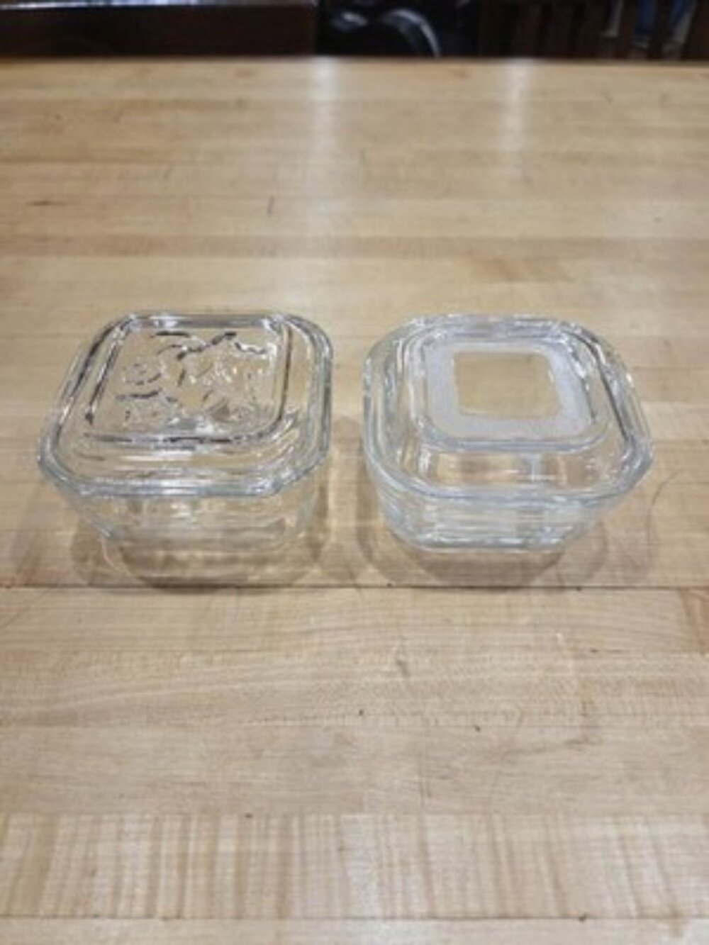 Vintage Federal Glass Square Refrigerator Dishes Mismatched Lids Set of 2